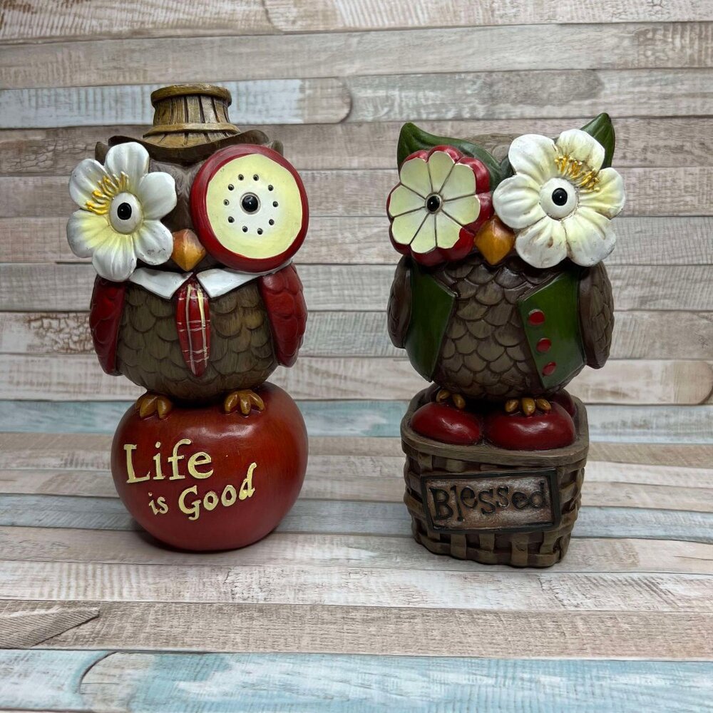 Cracker Barrel Owl Apple Flower Statue Set Decorative  "Life Is Good" "Blessed"